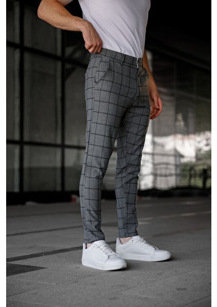 Erkek Slim Fit Gri Ekoseli Kumaş Pantolon %65 Polyester %32 Viskon 32 Beden indirimleri