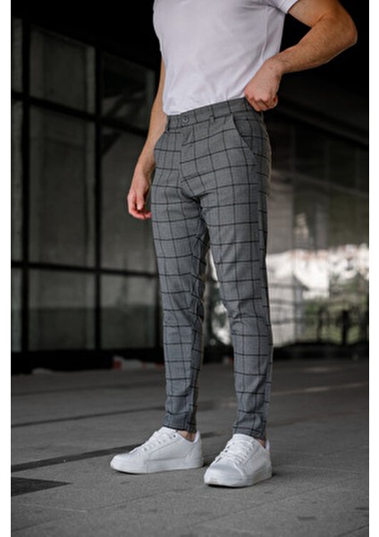 Erkek Slim Fit Gri Ekoseli Kumaş Pantolon %65 Polyester %32 Viskon 32 Beden
