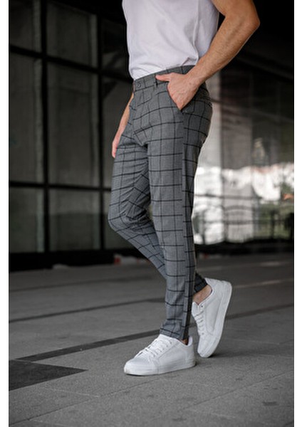 Erkek Slim Fit Gri Ekoseli Kumaş Pantolon %65 Polyester %32 Viskon 32 Beden