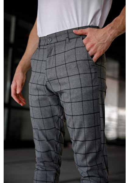 Erkek Slim Fit Gri Ekoseli Kumaş Pantolon %65 Polyester %32 Viskon 32 Beden