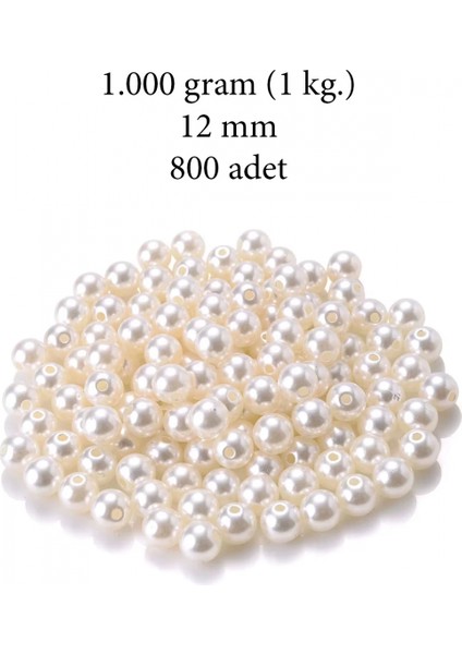 1.000 Gram (1 Kg.) 12MM Krem Renk Plastik Inci Boncuk Çanta ve Takı Yapım Boncuğu (~800 Adet)