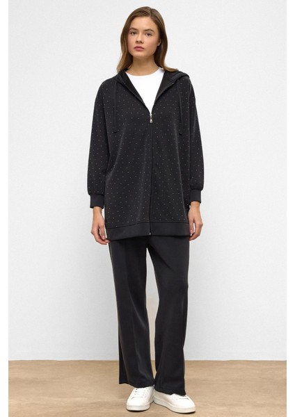 Kapüşonlu Fermuarlı Taş Bezeli Premium Kumaş Sweat Pantolon Takım Siyah 9371-TK