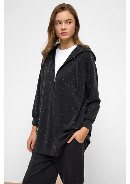 Kapüşonlu Fermuarlı Taş Bezeli Premium Kumaş Sweat Pantolon Takım Siyah 9371-TK fiyatları