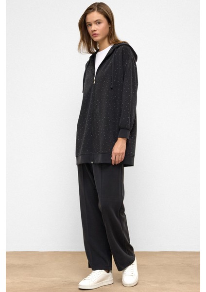 Kapüşonlu Fermuarlı Taş Bezeli Premium Kumaş Sweat Pantolon Takım Siyah 9371-TK modelleri