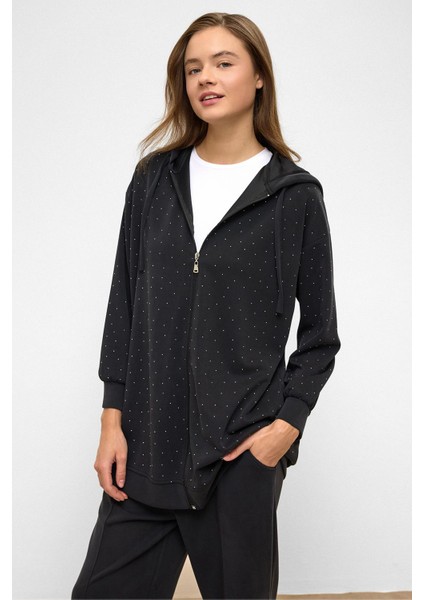 Kapüşonlu Fermuarlı Taş Bezeli Premium Kumaş Sweat Pantolon Takım Siyah 9371-TK fırsatları