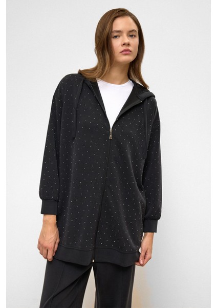 Kapüşonlu Fermuarlı Taş Bezeli Premium Kumaş Sweat Pantolon Takım Siyah 9371-TK indirimleri