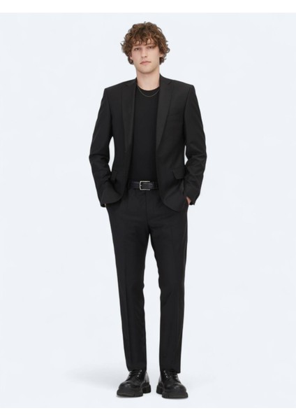 Siyah Düz Slim Fit Yün Karışımlı Takım Elbise fiyatları