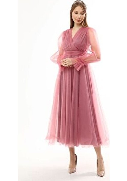 Uzun Kol Tül Abiye Elbise Önü Kruvaze Kloş Silüet Trend Nişan Düğün İçin indirimleri