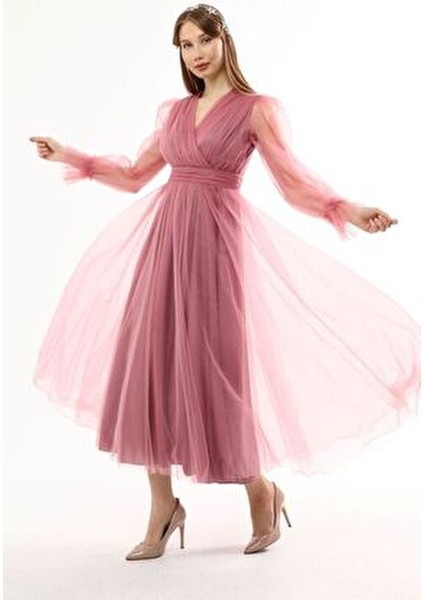 Uzun Kol Tül Abiye Elbise Önü Kruvaze Kloş Silüet Trend Nişan Düğün İçin