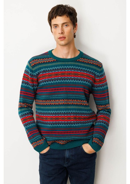 Erkek Sıfır Yaka Jakarlı Yün Kazak K.ö.başı