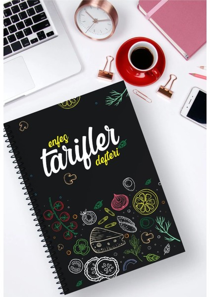 A5 Spiralli Yemek Tarif Defteri - Özel Tasarım - Kalın Kapak Pratik Ebat-96 Sayfa