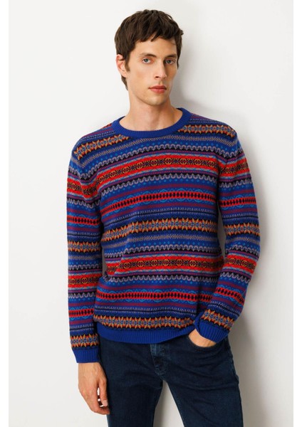 Erkek Sıfır Yaka Jakarlı Yün Kazak K.s.mavi