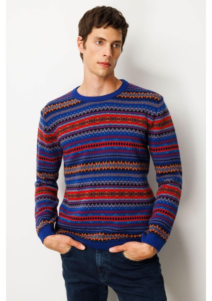 Erkek Sıfır Yaka Jakarlı Yün Kazak K.s.mavi fiyatları