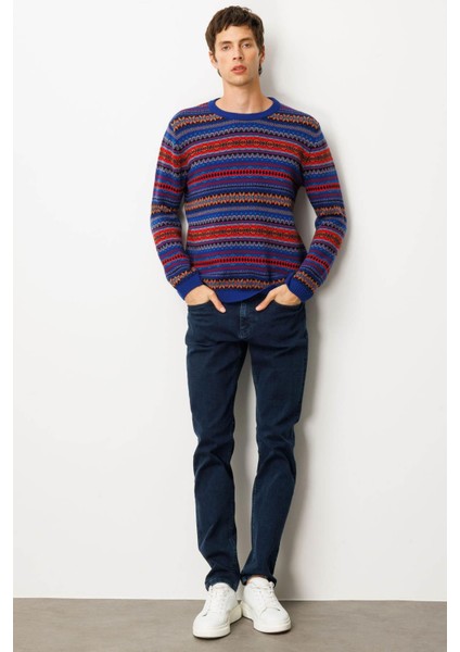 Erkek Sıfır Yaka Jakarlı Yün Kazak K.s.mavi modelleri