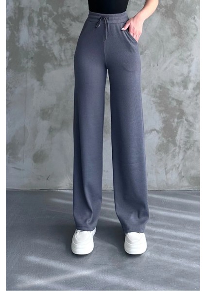 Kadın Yeni Sezon Bol Paça Fitilli Kumaş Bel Lastikli Mevsimlik Pantolon Gri / S