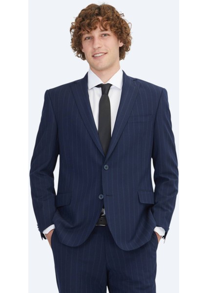 Lacivert Çizgili Regular Fit Yün Karışımlı Takım Elbise