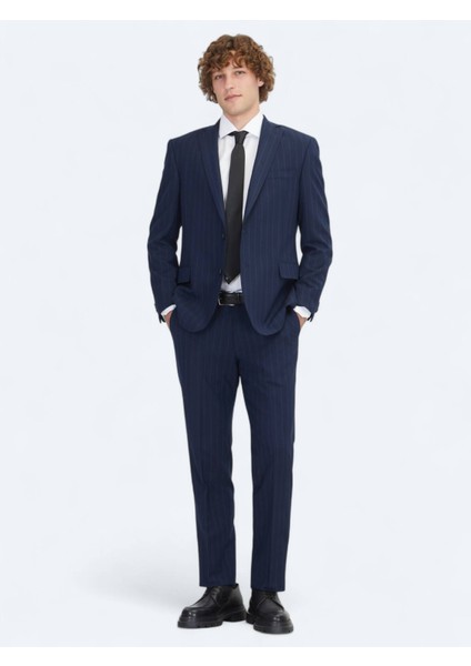 Lacivert Çizgili Regular Fit Yün Karışımlı Takım Elbise fiyatları