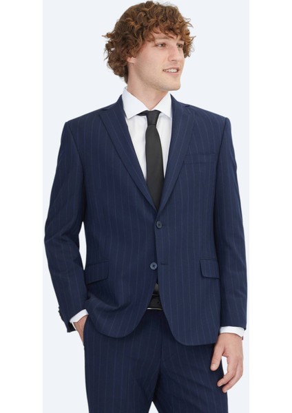 Lacivert Çizgili Regular Fit Yün Karışımlı Takım Elbise fırsatları