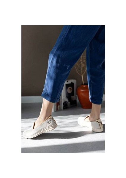 Kadın Deripabuc Bej Spor Babet Yürüyüş Ayakkabısı Tekstil Taban Düz Model