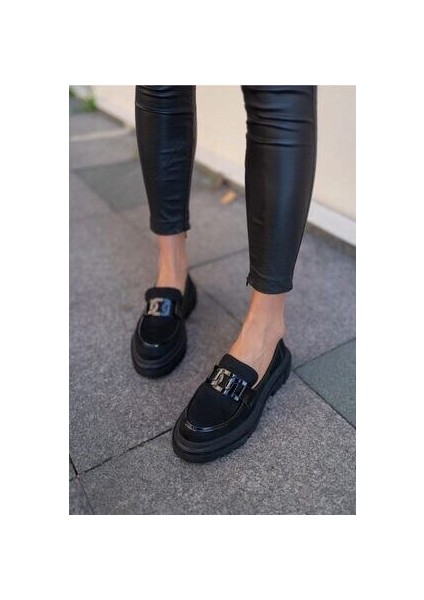 Dimatali Kadin Siyah Suet Siyah Rugan Parçali Ayakkabı