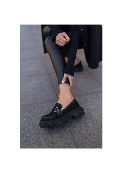 Dimatali Kadin Siyah Suet Siyah Rugan Parçali Ayakkabı modelleri