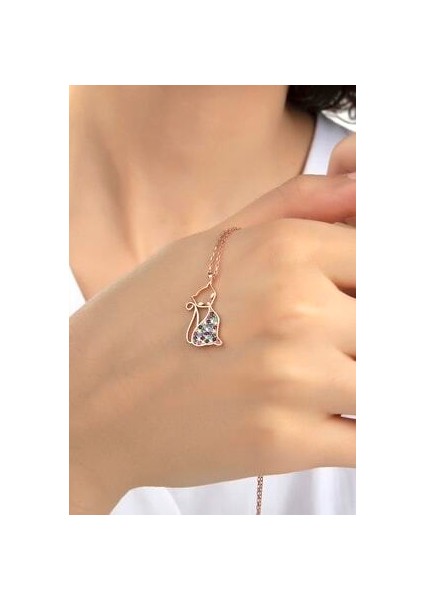 Kadın Orjinal 925 Ayar Gümüş Zirkon Taşlı Kedi Model Kolye