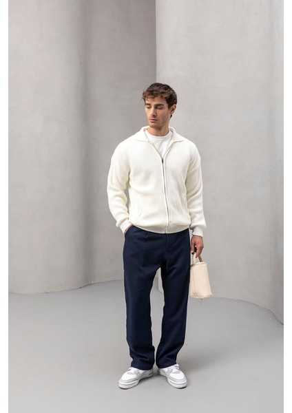 Coppola Selanik Örgü Polo Yaka Cepli Fermuarlı Rahat Kalıp Erkek Triko Hırka - Ekru