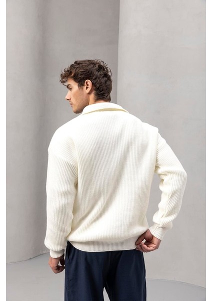 Coppola Selanik Örgü Polo Yaka Cepli Fermuarlı Rahat Kalıp Erkek Triko Hırka - Ekru