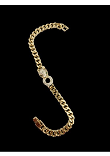 Çelik Vip Serisi 14K Altın Görünümlü Kaplan Figürlü Taşlı Bileklik