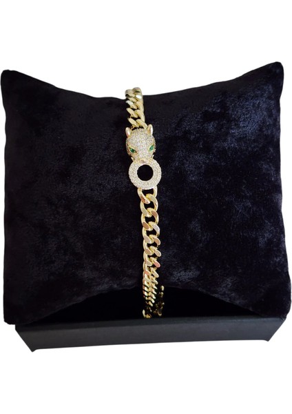 Çelik Vip Serisi 14K Altın Görünümlü Kaplan Figürlü Taşlı Bileklik modelleri