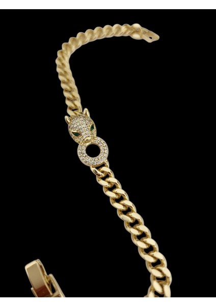 Çelik Vip Serisi 14K Altın Görünümlü Kaplan Figürlü Taşlı Bileklik fırsatları