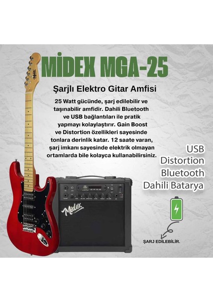 RPH-40RD-25AMP 25W Şarjlı Bt Amfili Elektro Gitar Seti Hsh Manyetik Maple Klavye fiyatları