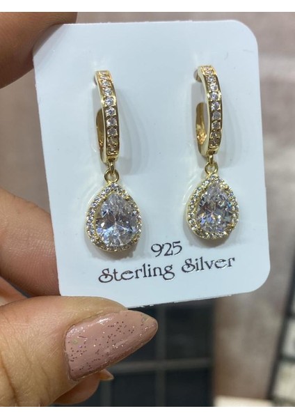 Taşlı 925 Ayar Gold Rengi Gümüş Küpe