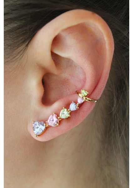 Vıp Çelik Renkli Zirkon Taşlı Kalpli Yan Model Küpe