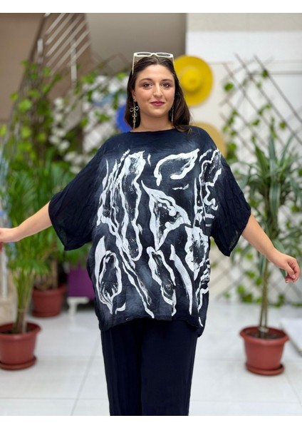 VL3009 Yarasa Kol Baskılı Vual Bluz Siyah