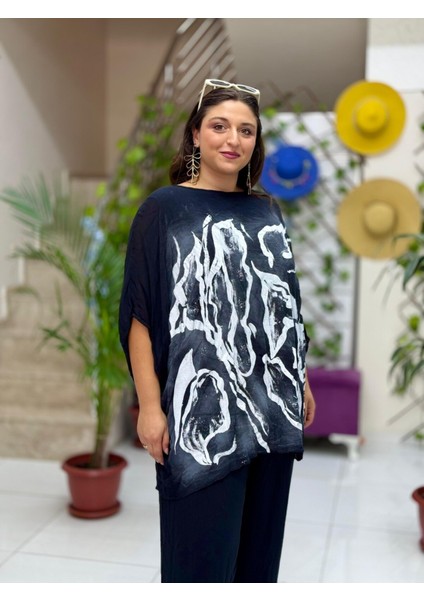 VL3009 Yarasa Kol Baskılı Vual Bluz Siyah fiyatları