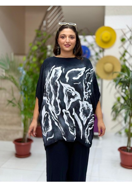 VL3009 Yarasa Kol Baskılı Vual Bluz Siyah fırsatları