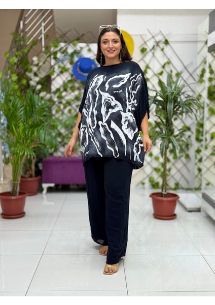 VL3009 Yarasa Kol Baskılı Vual Bluz Siyah indirimleri
