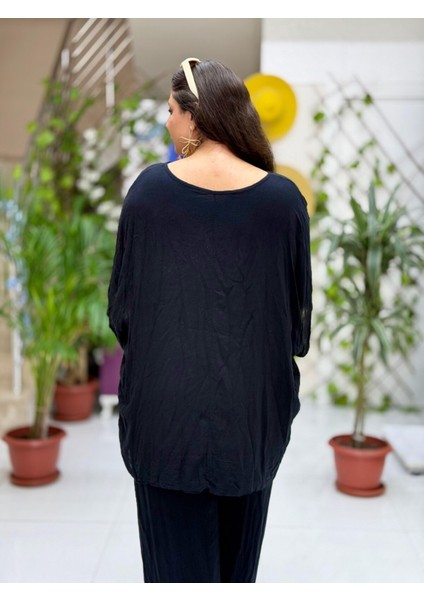 VL3009 Yarasa Kol Baskılı Vual Bluz Siyah