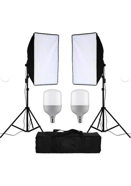 50X70 Softbox 50 Wat Güçlü LED Ampullü Youtube Video ve Fotoğraf 2li Softbox Sürekli Işık Seti
