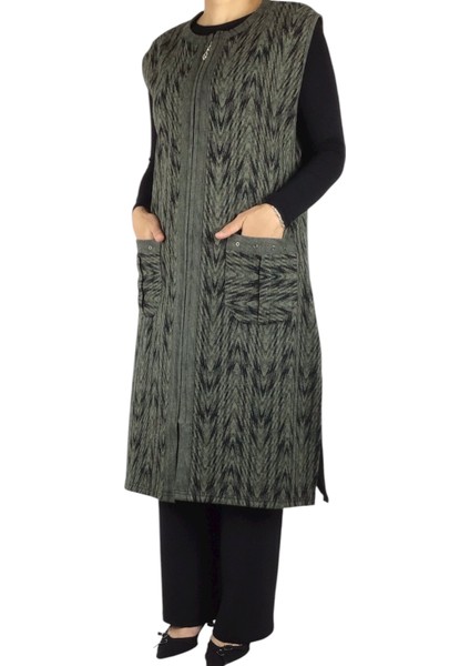 Önü Fermuarlı Desenli Cepli Kalın Kışlık Yelek