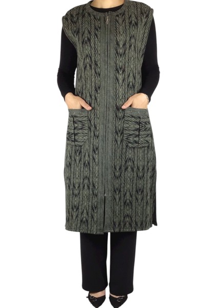 Önü Fermuarlı Desenli Cepli Kalın Kışlık Yelek modelleri