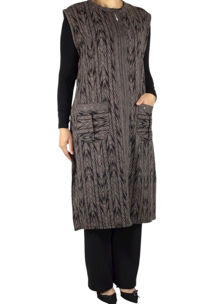 Önü Fermuarlı Desenli Cepli Kalın Kışlık Yelek