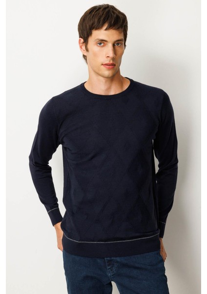 Erkek Sıfır Yaka Çizgili Baklavalı Yün Kazak K.lacivert