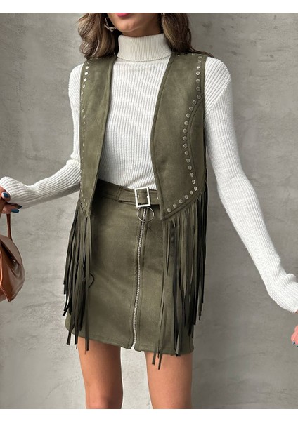 Taş Baskı Detaylı Püsküllü Süet Yelek