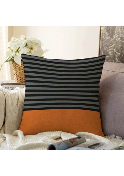 Hidden Stripes Orange Gri Siyah Çizgili Turuncu Zeminli Modern Dekoratif Kırlent Kılıfı 50X50 cm