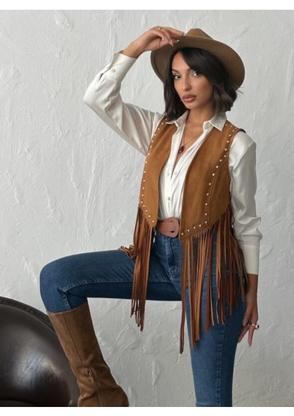 Taş Baskı Detaylı Püsküllü Süet Yelek fiyatları