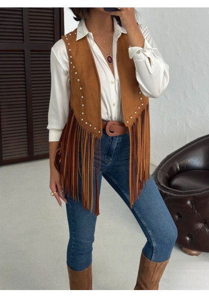 Taş Baskı Detaylı Püsküllü Süet Yelek modelleri