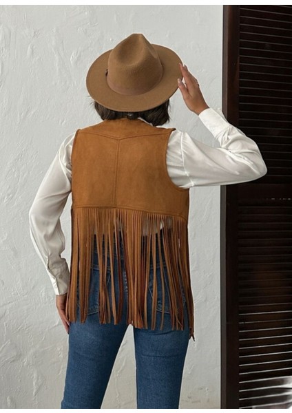 Taş Baskı Detaylı Püsküllü Süet Yelek fırsatları