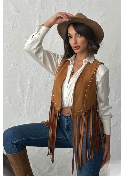 Taş Baskı Detaylı Püsküllü Süet Yelek indirimleri